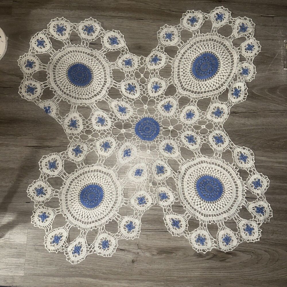 Large Crochet Doilie  Blue/White Handmade Vintage